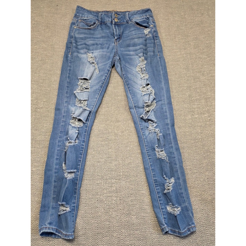 Almost Famous Womens Distressed Skinny Jeans Size 7 Medium Wash Shredded Denim